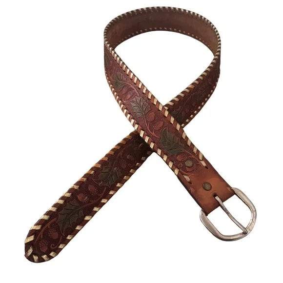 Vintage Kenny Rogers Hand Laced Top Grain Saddle Leather Belt Oak Leaf Acorn 34 - Picture 2 of 10